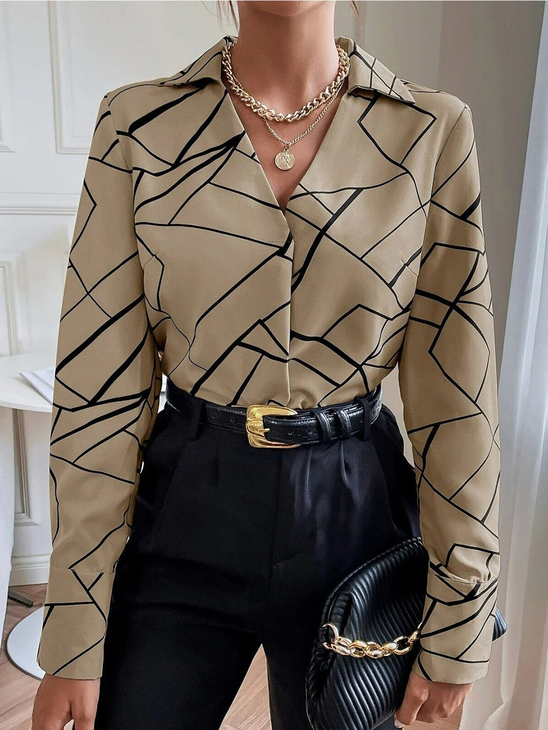 Geometric Printed Shirt Style Top