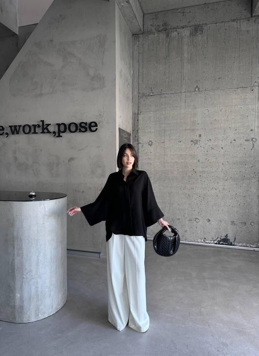 Noir Shirt & Wide-Leg Trousers